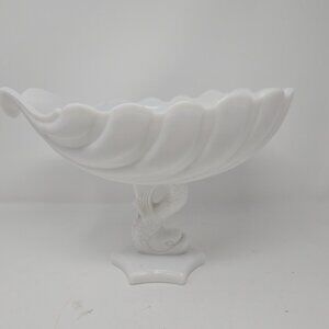 Vintage LG Westmoreland Milk Glass Dolphin Shell Pedestal Centerpiece Tazza Bowl